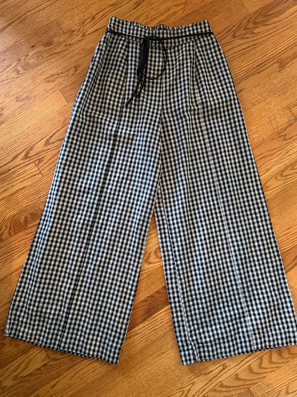 Eliza Faulkner Wide-Leg Gingham Pants with Blk belt- sz M *pockets*
